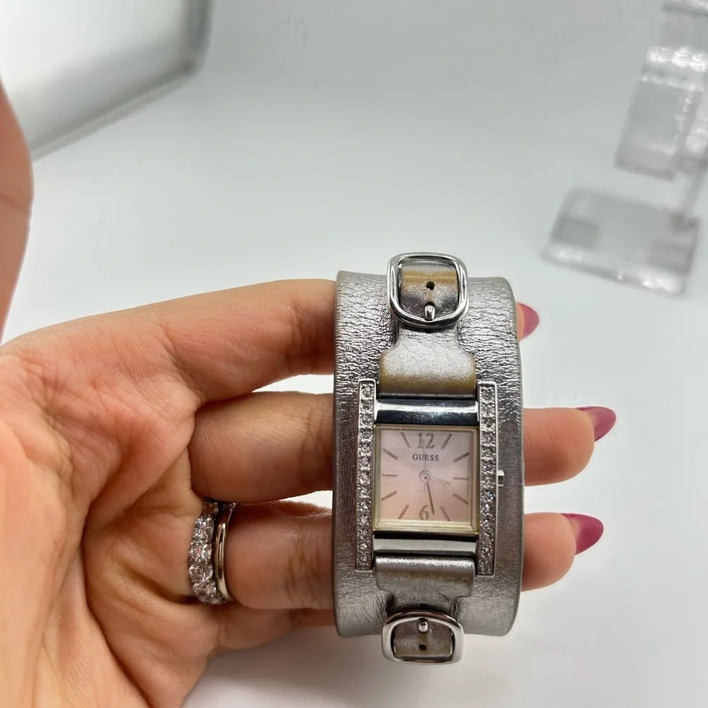 Vintage GUESS Saddle-Up Silver Leather Cuff-Style 22mm Watch Works #204